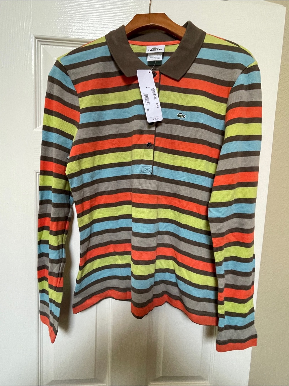 Lacoste Brown Collar Multicolor Striped Long Sleeve Polo